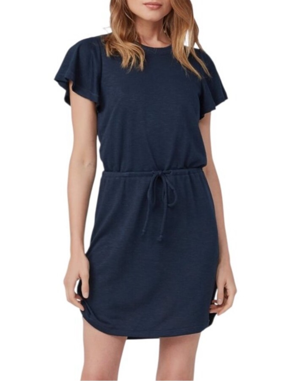PAIGE Navy Ribbed Short Sleeve Tie-Waist Dress